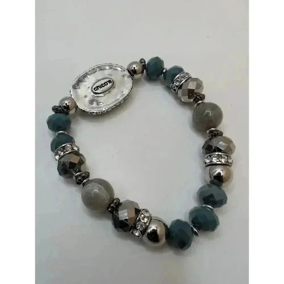 💎 Chico's Metallic Drusy Glass Beaded Stretch Bracelet - Blues & Grays - Picture 2 of 7